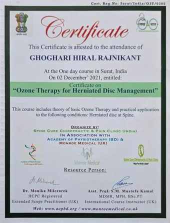 Ozone Therapy for Herniated Disc Management certificate