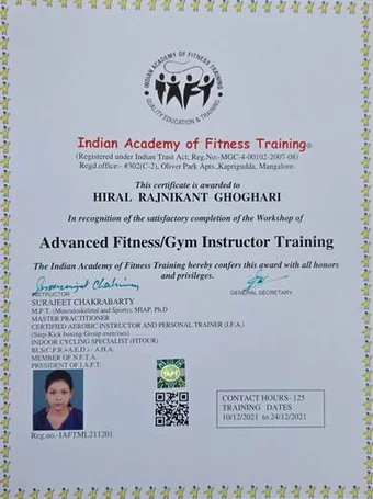Advanced Fitness Gym Instructor Training certificate